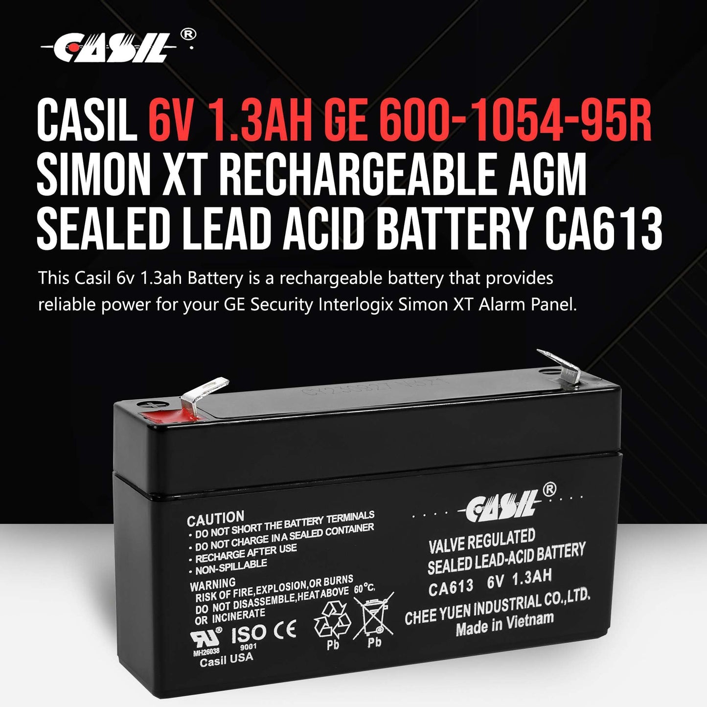 Casil 6V 1.3Ah Replacement Alarm Battery Compatible with GE 600-1054-95R Simon xt