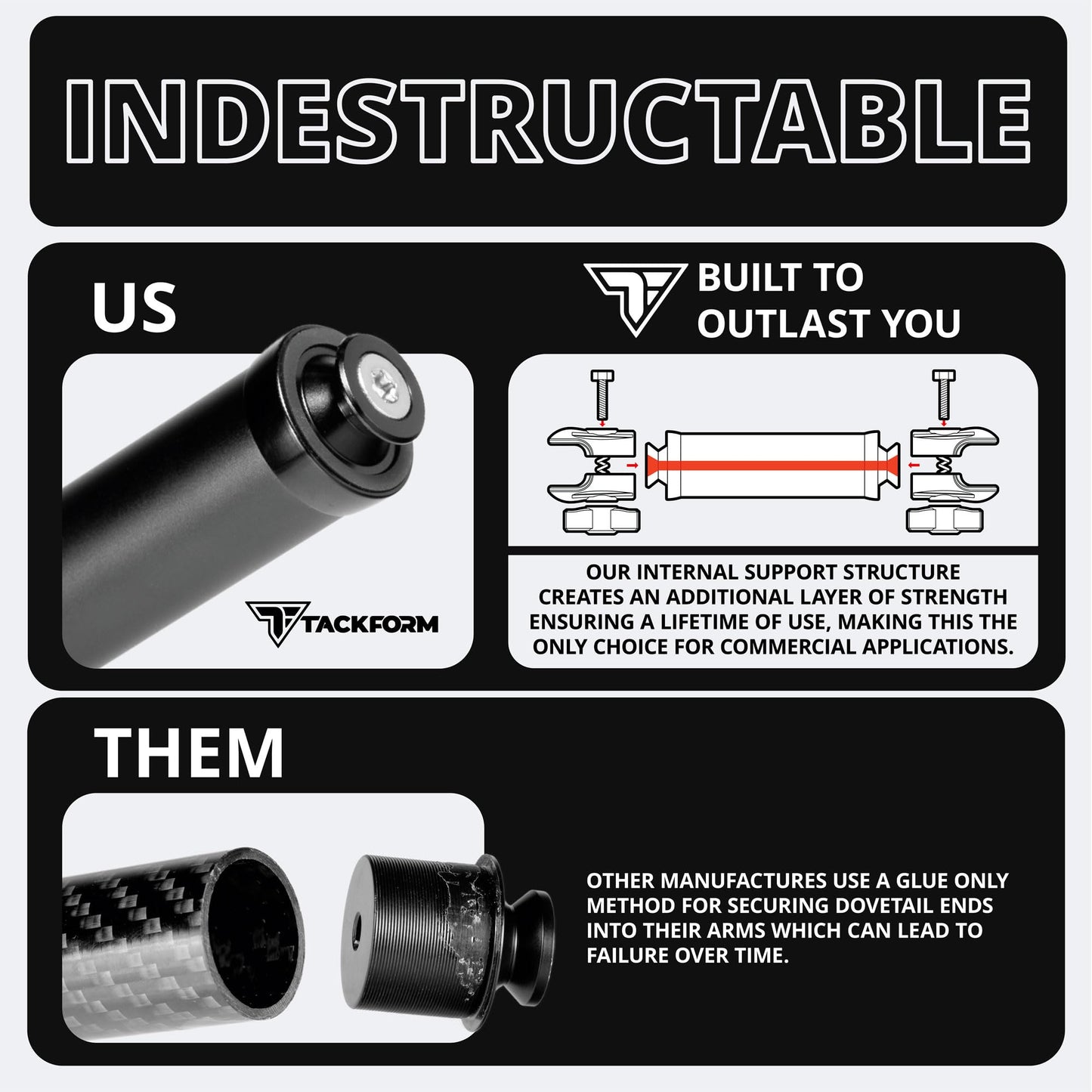 Tackform 7" Long 20mm Ball and Socket Arm DuraLock 20 Series Aluminum Tube Arm | Dual 20mm Sockets and Optional Anti-Theft Knobs | Black