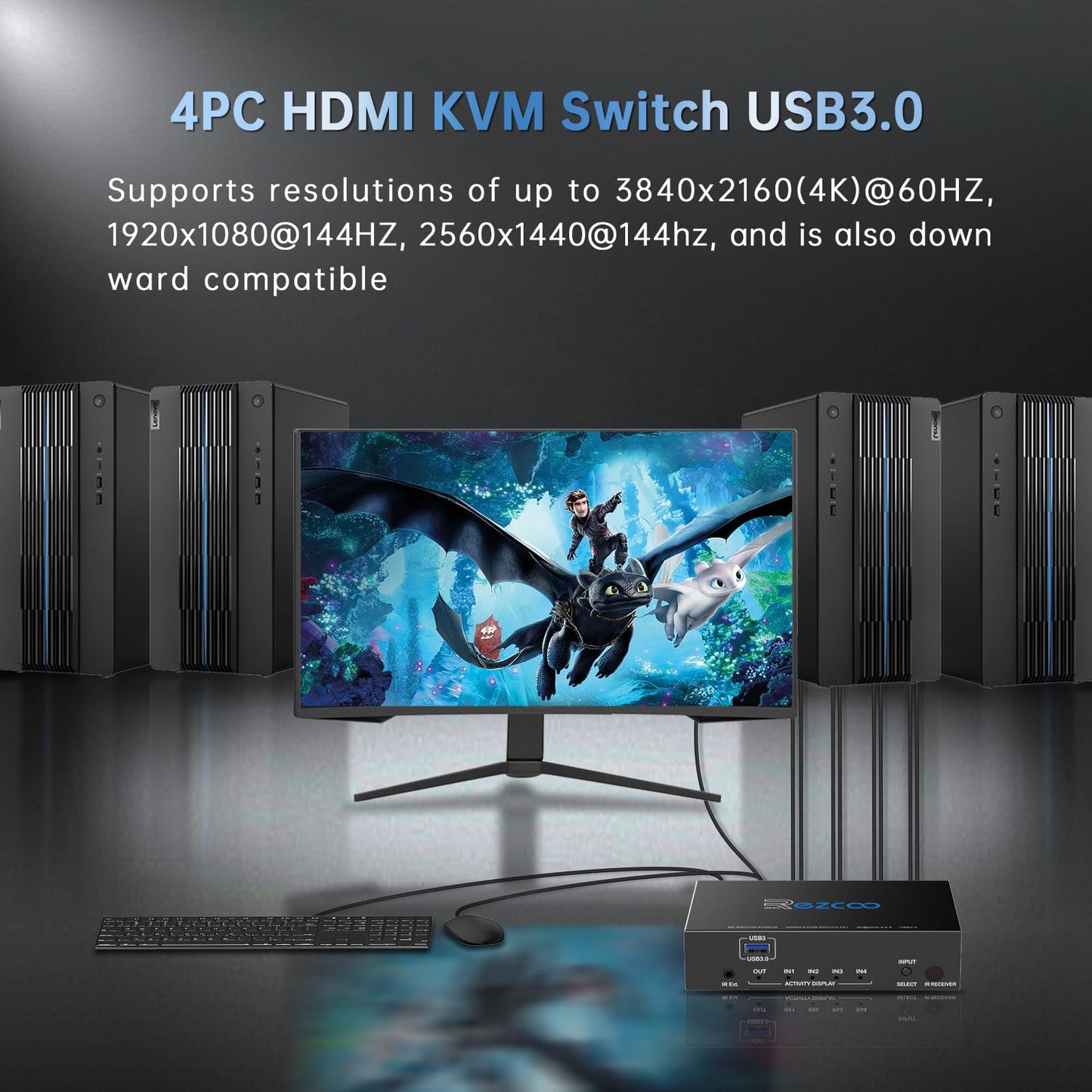 USB 3.0 KVM Switch HDMI 4 Computer 1 Monitor 4K 60Hz SPDIF L/R Extractor- USB Switch for Keyboard Mouse Printer Mac Windows 4 Port HDMI Switch 4x1