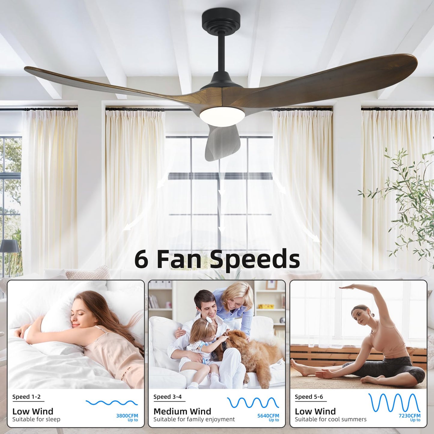 Homlit 60” Outdoor Ceiling Fan with Light 3 Downrods, Smart Wood Ceiling Fan Compatible with Alexa/Google/App, 3 Blades Modern Walnut Wood Ceiling