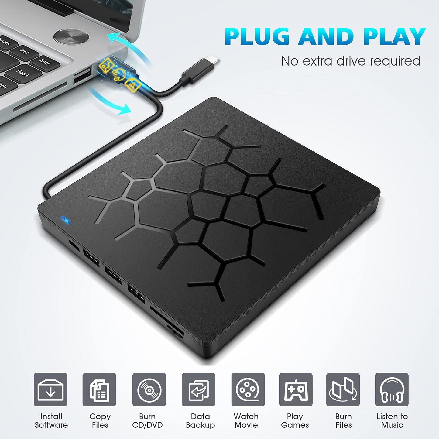 UHNDY External DVD Drive, USB 3.0 CD DVD Burner for Laptop, Type-C CD/DVD ROM +/-RW Optical Disk Drive with 4 USB Ports and 2 SD Card Slots, Ultra