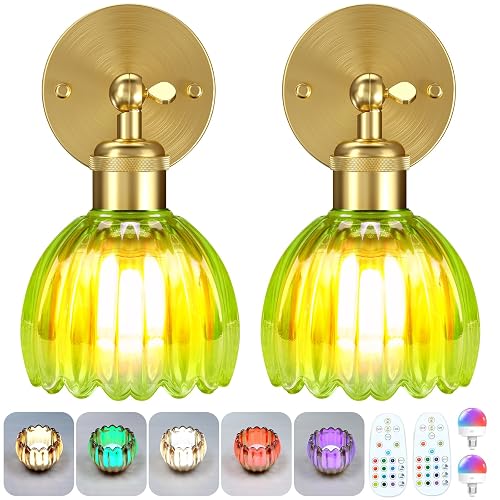 Battery Operated Wall Sconce with Remote Control, Wireless Wall sconces Set of Two with 7000mAh Dimmable Magnetic RGB Bulbs, Rechargeable Wall Light
