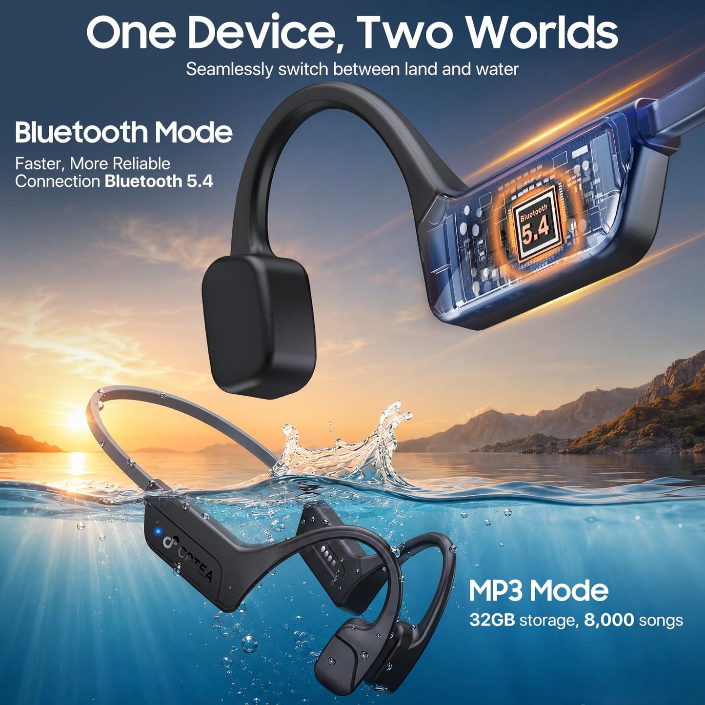 SCPTEA Bone Conduction Headphones, IPX8 Waterproof Swimming Headphones with MP3 Mode 32GB Memory, Bluetooth 5.4, Secure Fit, Open Ear Earbuds Up to 10