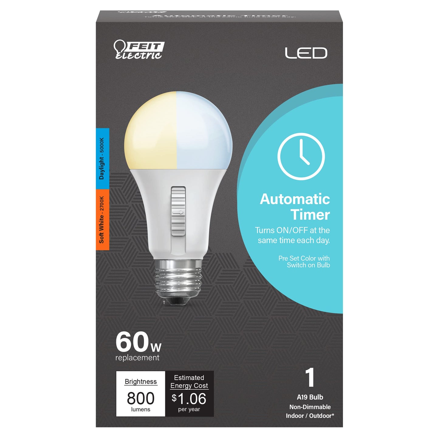 Feit Electric A19 LED Light Bulb, 60W Eq, 2CCT, 800 Lumens, E26 Base