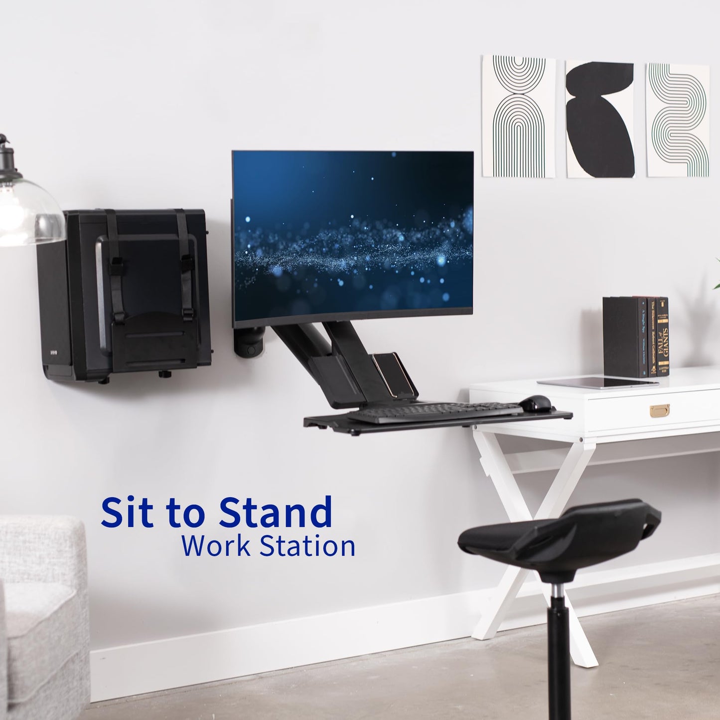VIVO Premium Black Single Monitor and Keyboard Counterbalance Sit-Stand Wall Mount and CPU Holder, Ergonomic Standing Transition Workstation