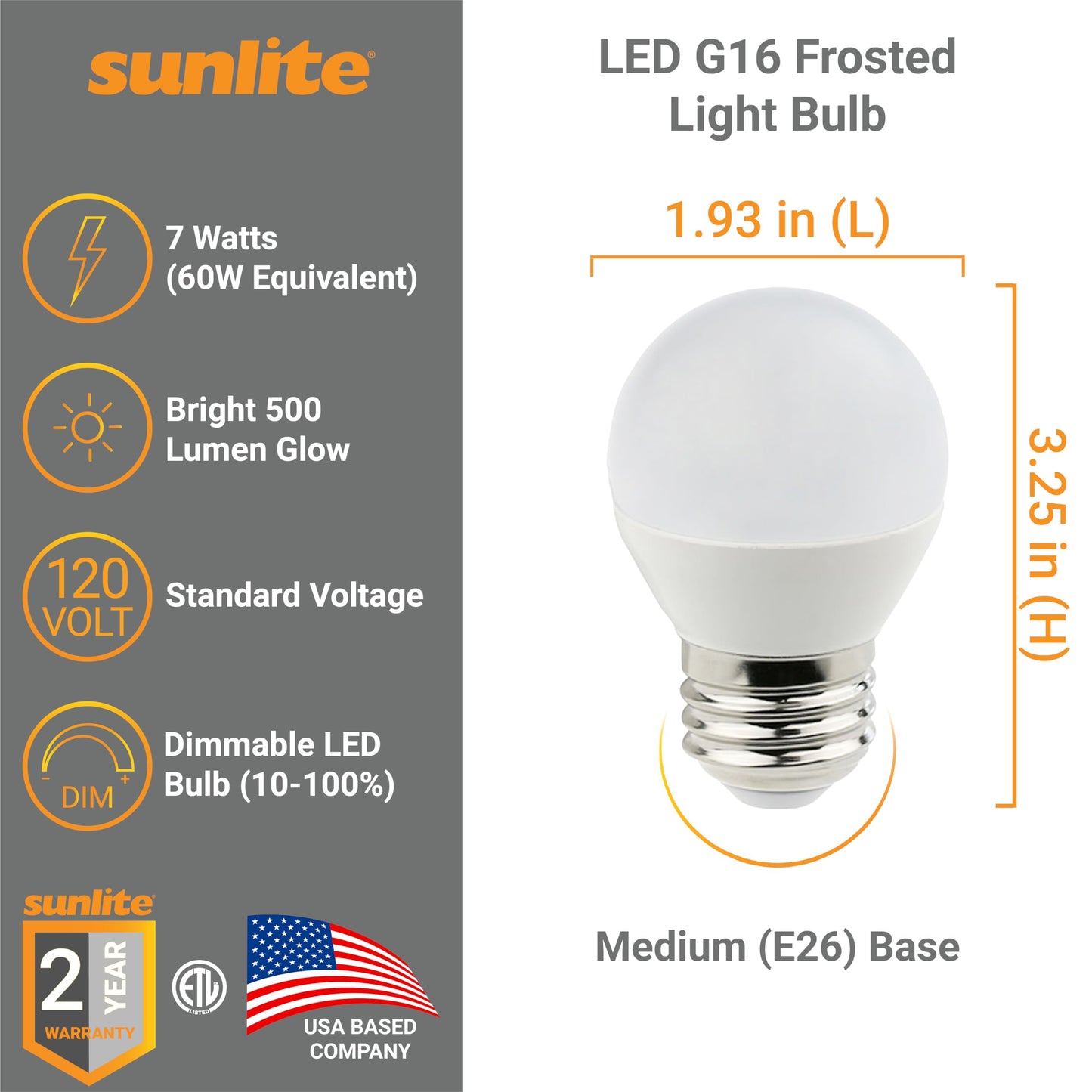 Sunlite G16 LED Dimmable Decorative Globe Vanity Light Bulbs, Frosted, 7W (60W Equiv.), 500 Lumens, Medium E26 Base, Mirror Lights for Bedroom