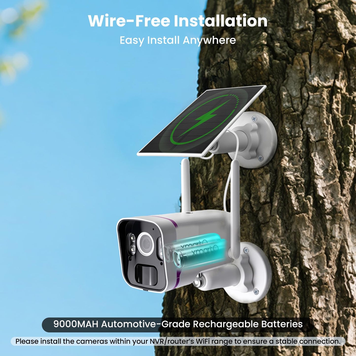 xmartO 2Pack Wireless Solar Outdoor Security Camera, 4MP 2K QHD WiFi6 Camera, All Weather 9000mAh Battery, IR&Color Night Vision, PIR Detection, 2-Way