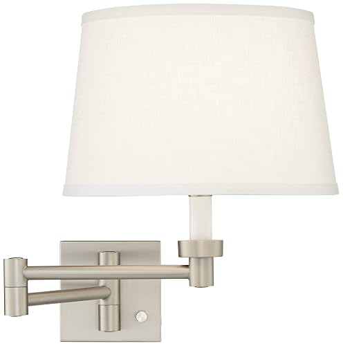 Possini Euro Design Modern Indoor Swing Arm Wall Lamp Brushed Nickel Plug-in Light Fixture Dimmable White Linen Tapered Drum Shade for Bedroom Bedside