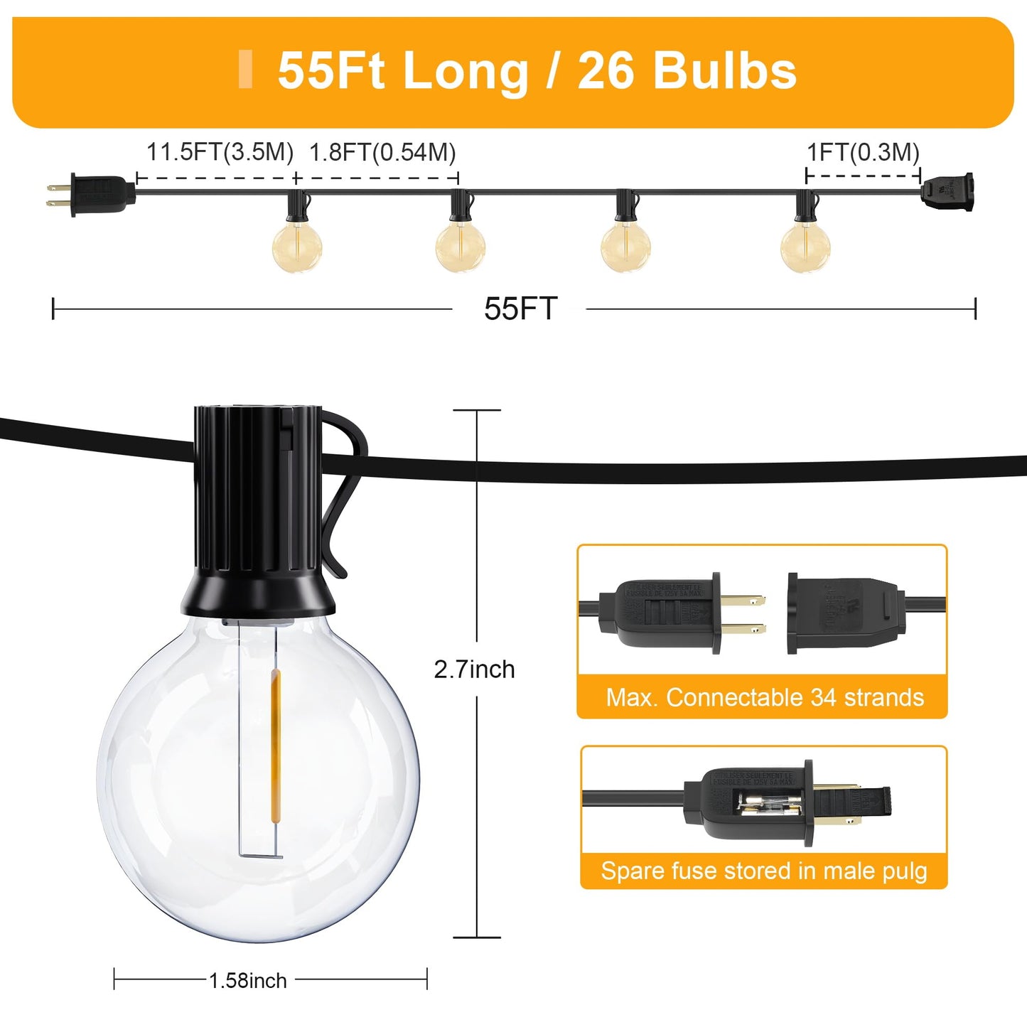 OHLUX Outdoor String Lights, 55FT Shatterproof LED Patio Lights with 26 Dimmable Plastic G40 Bulbs, 2200K Waterproof Connectable Hanging String