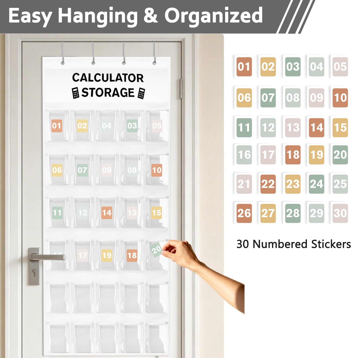 30-Pocket Calculator Holder for Classroom, Hanging Calculator Pocket Chart with Clear PVC Pockets & Numbered Stickers, Calculator Storage Organizer
