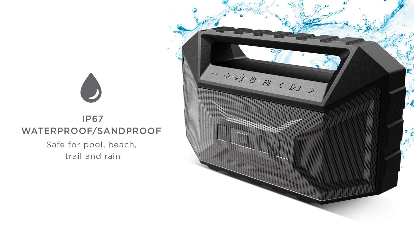 ION AQUABOOM MAX - Waterproof Bluetooth Speaker Mudproof/Sandproof Stereo Boombox and FM Radio (Renewed) (Single Pack)