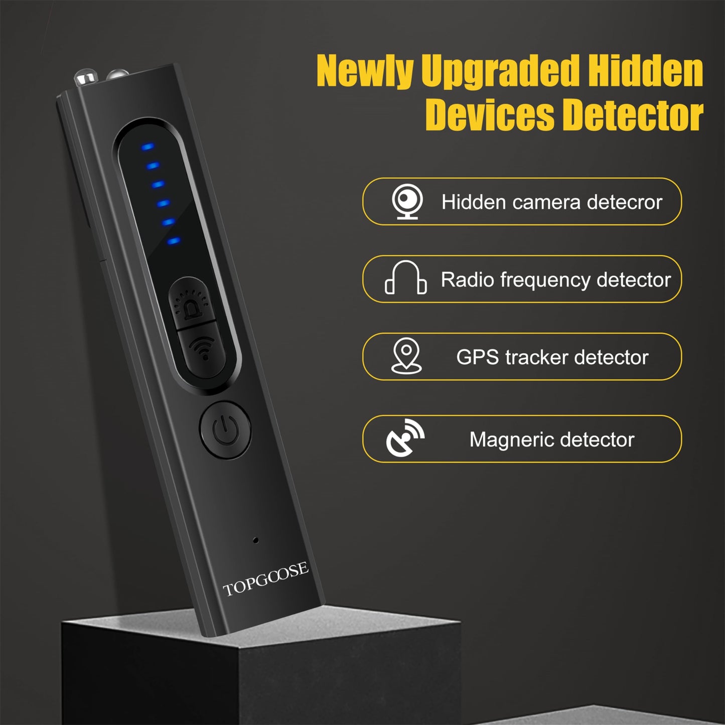 TOPGOOSE Hidden Camera Detectors, Camera Detector with 5 Levels Sensitivity 4 Modes, Portable Mini Design Spy Camera Detector for Hotel Bathroom