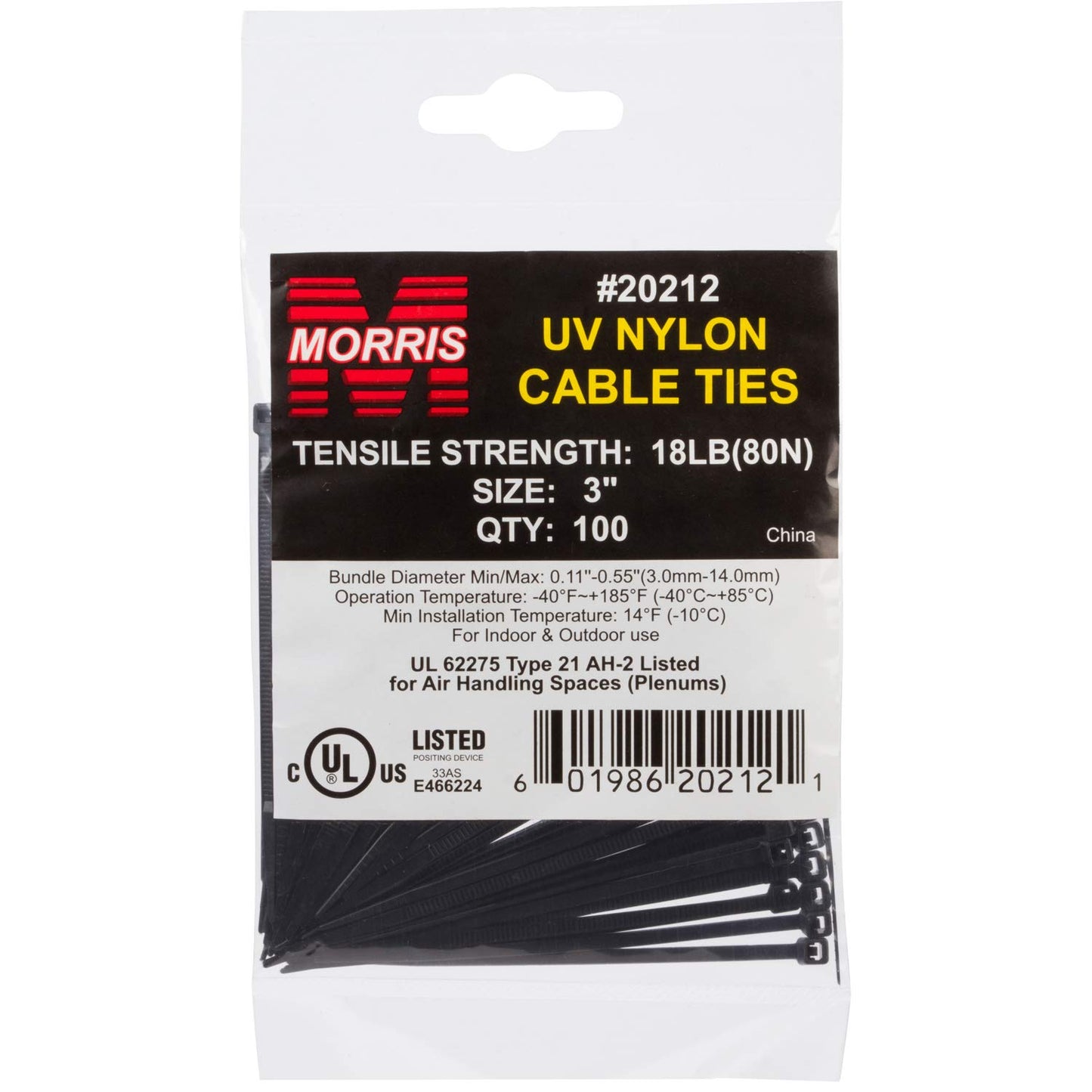 Morris Products Ultraviolet Black Nylon Cable Ties - 4 Inch Length -Heavy Duty, 18-Pound Tensile Strength - 1.18 Max Bundle Diameter - Cable
