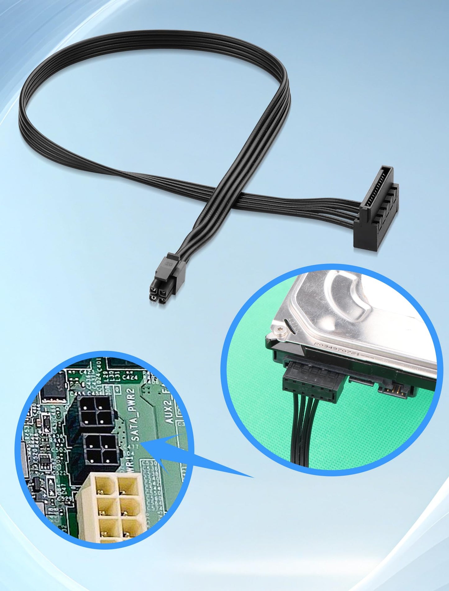ELFJMZP ATX mini 4PIN to SATA 15 PIN Adapter Extension Cable for Mechanical HDDs, SSDs, DVD/CD-ROMs (16.0 in./40.6 cm)(Pack of 2)