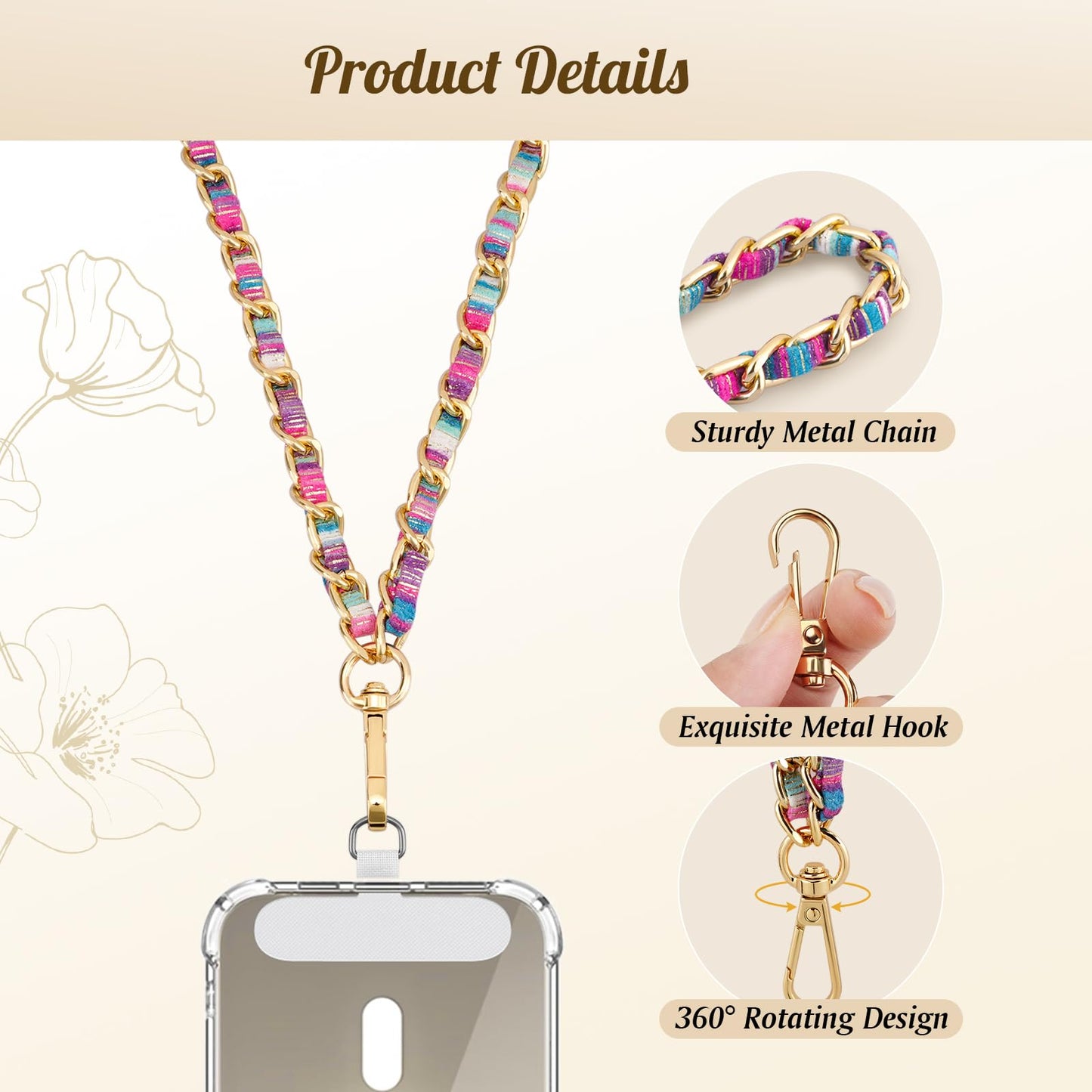 TiMOVO Cell Phone Chain Crossbody, Universal Phone Lanyard for iPhone 16 Pro Max and Most Smartphones, Anti-Theft Strap for Women, Metal Neck Holder