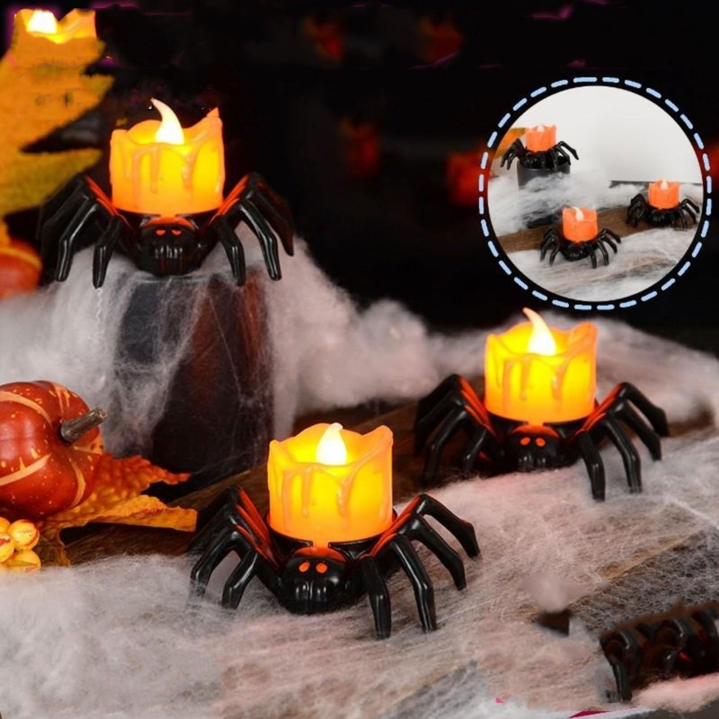 JIAOYUNLILI 6 PCS LED Halloween Lights Indoor, Spider Tea Lights Battery Operated Flameless Candles for Party Table Halloween Decorations