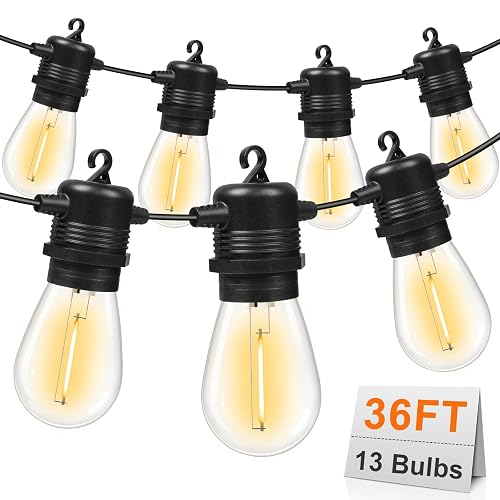 GvvooHome LED Outdoor String Lights 36FT Patio Lights with 13 Shatterproof S14 Replaceable Bulbs(1 Spare), Outside Hanging Lights Waterproof
