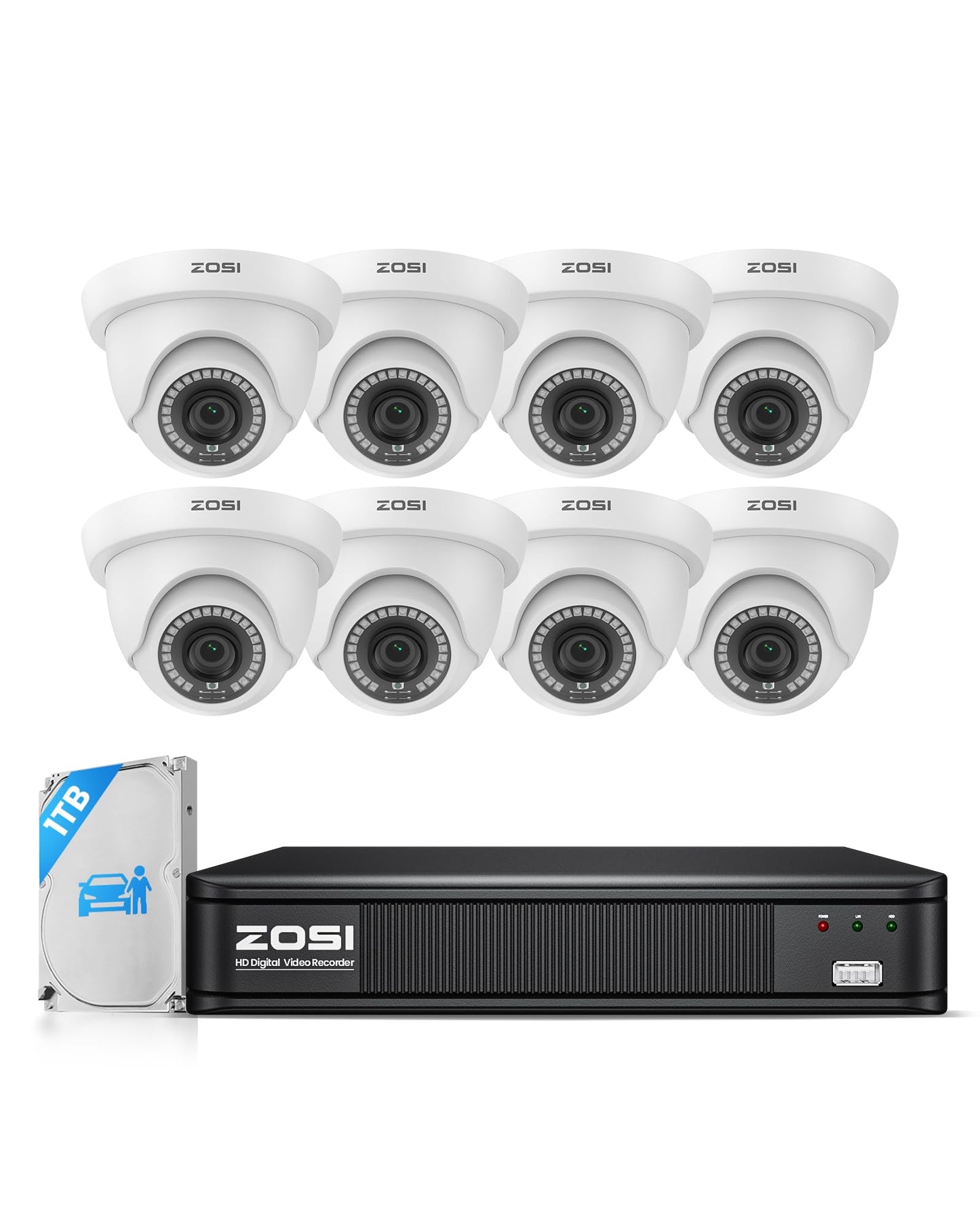 ZOSI H.265+ Home Security Camera System with AI Human Vehicle Detection, 5MP 3K Lite 8 Channel Surveillance DVR and 8 x 1080p Weatherproof CCTV Dome