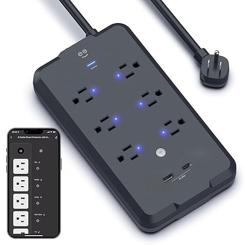 Geeni Smart Plug Power Strip, 6 Outlets and 2 USB Ports, 6 ft. Cord, Surge Protector with Voice Control, WiFi Control, Compatible with Alexa & Google