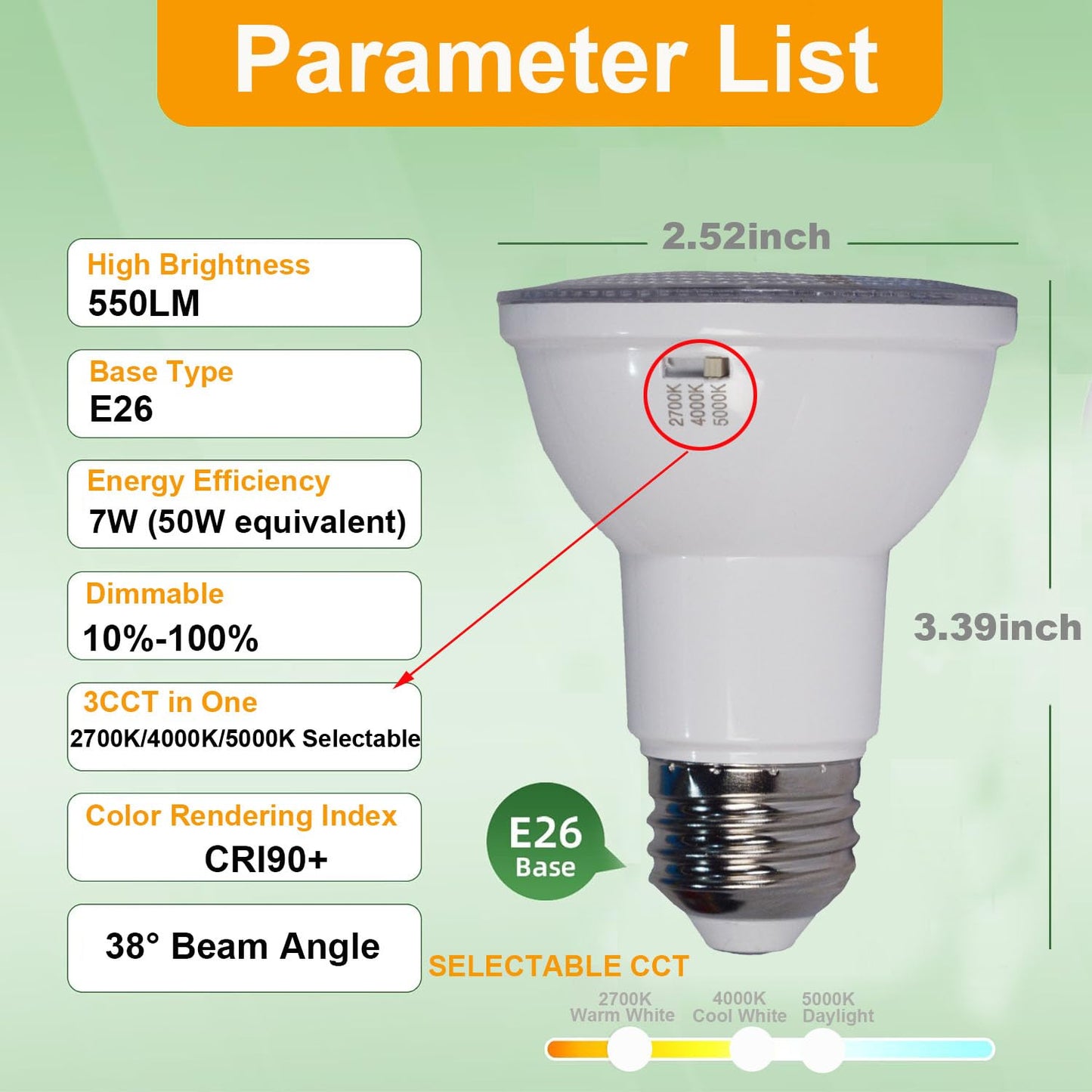 yayutelight PAR20 LED Bulb, 3CCT 2700K 4000K 5000K, 4-Pack 7W (50W Equivalent) Led Spotlight Dimmable,550LM High Brightness, 120V Perfect for Recessed