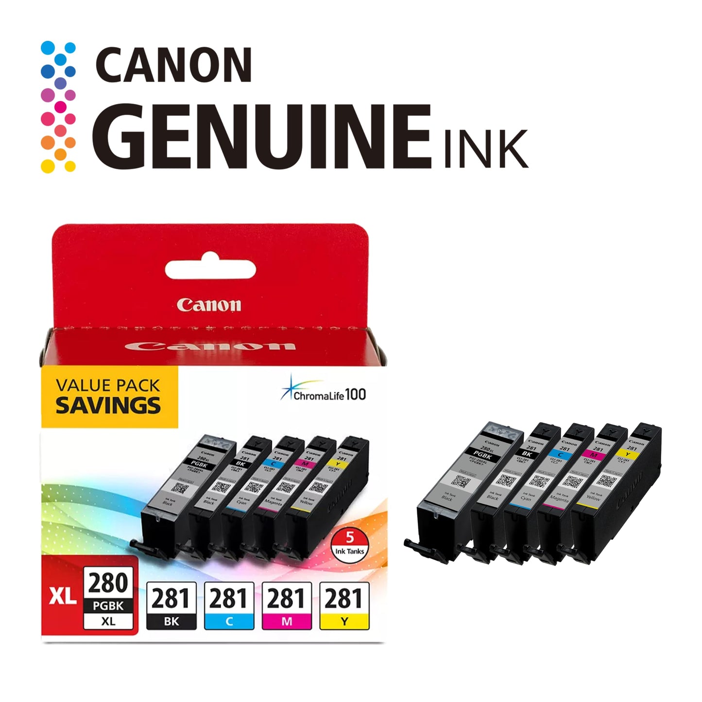Canon PGI-280XL/CLI-281 5 Color Pack Compatible to TR8520, TR7520, TS9120 Series,TS8120 Series, TS6120 Series