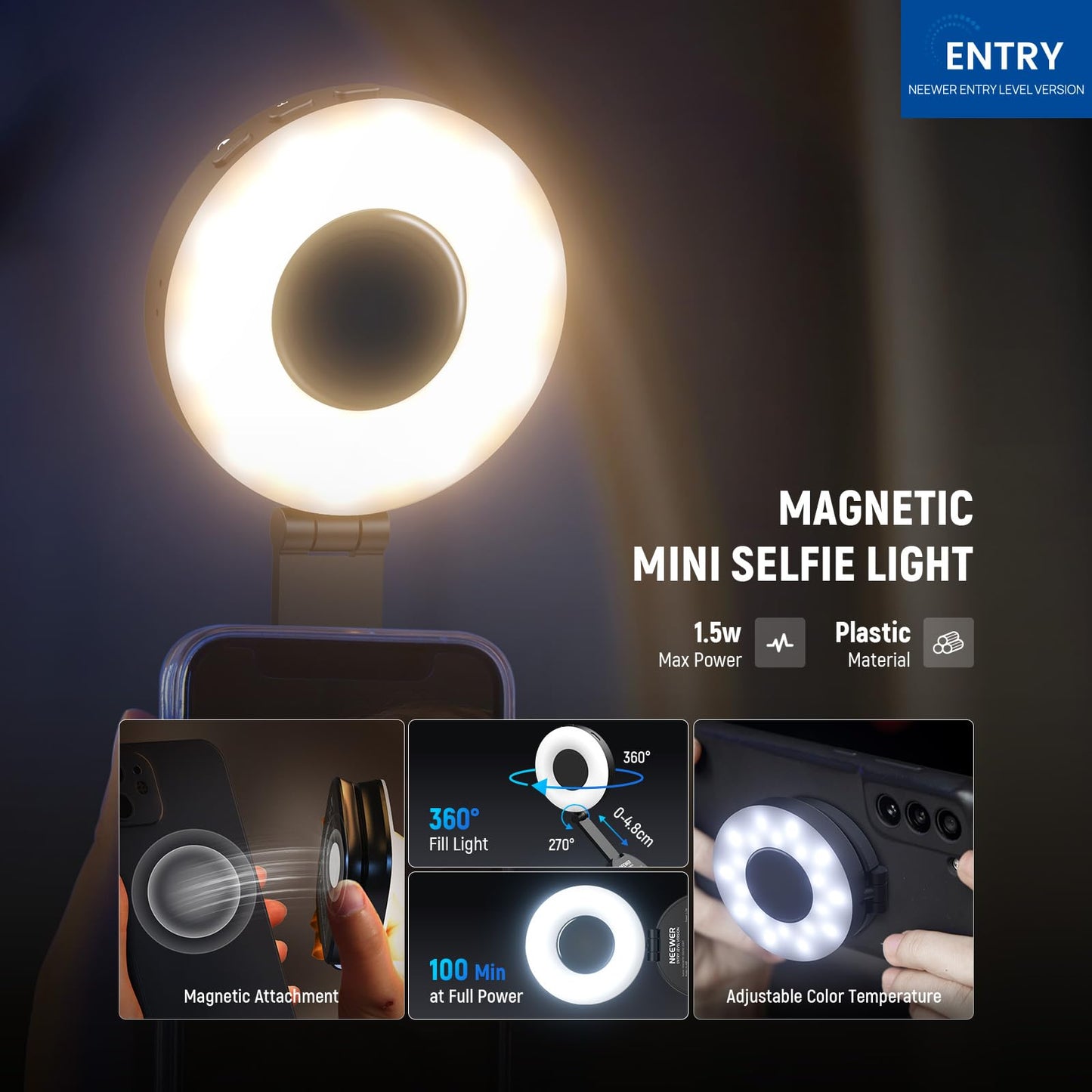 NEEWER ENTRY LEVEL VERSION Magnetic Selfie Light Compatible with MagSafe iPhone, 4 Mode CRI95+ 914lx 1.5W Plastic Folding Small LED Phone Fill Ring