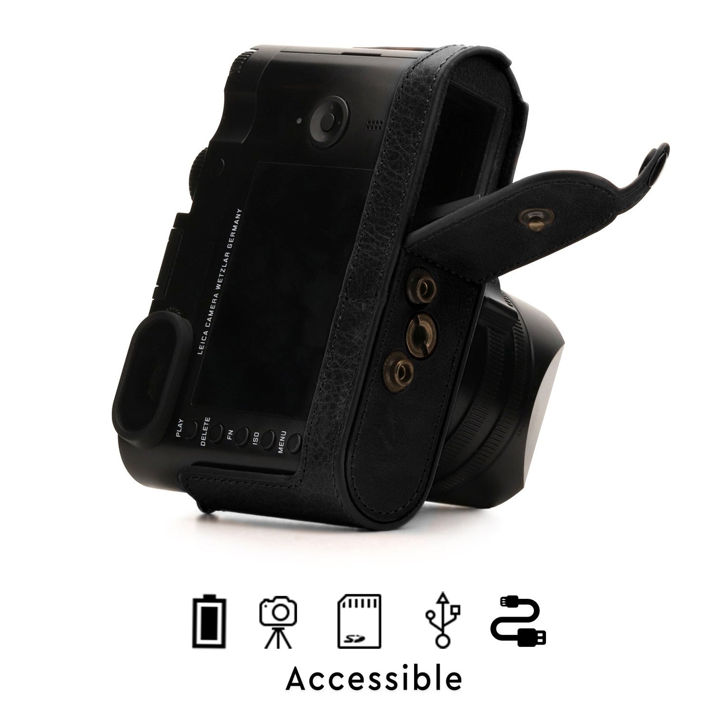 Mega Gear MG1402 Leica Q-P, Q (Typ 116) Ever Ready Genuine Leather Camera Case and Strap, with Battery Access, Black