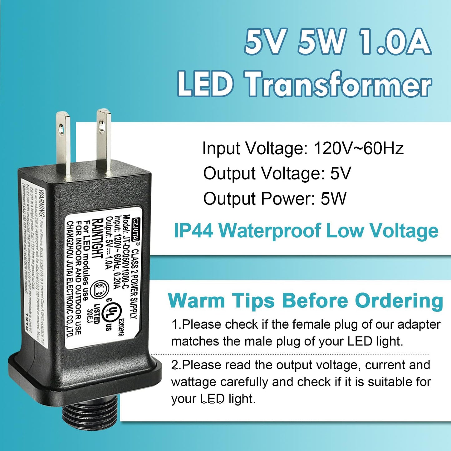 CZJUTAI JT-DC050V1000 Premium 5V 1A 5W LED Power Supply - Class 2 Transformer, IP44 Waterproof, US Plug for Christmas and String Lights, Indoor