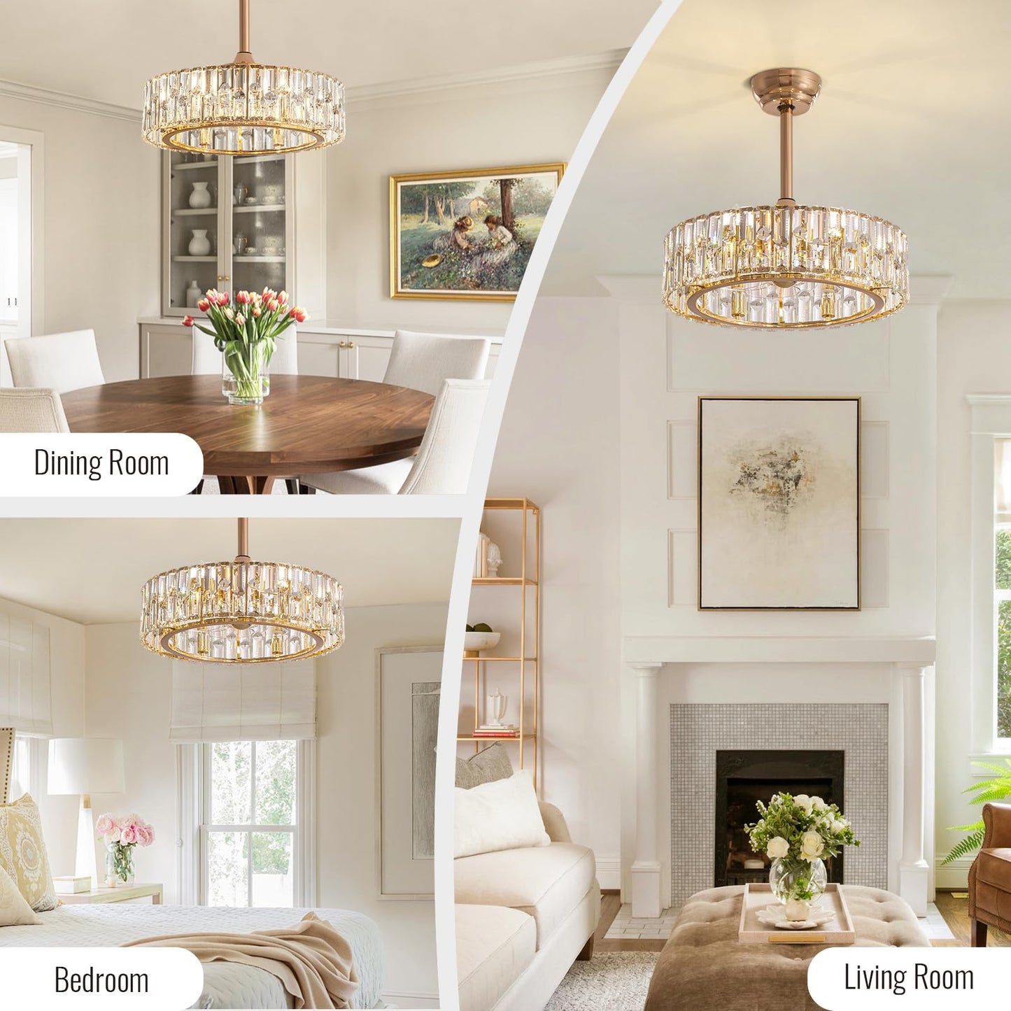 Siljoy Modern Gold Caged Crystal Ceiling Fans with Lights and Remote, 20''
