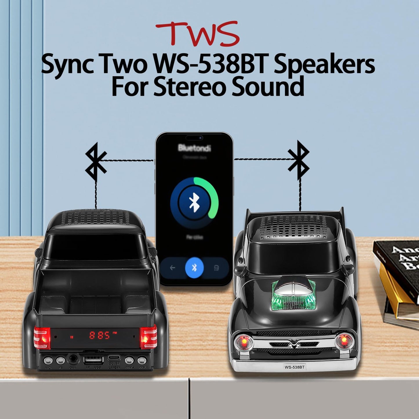 WSTER WS-538 Retro Pickup Truck Bluetooth Replica Speaker - Portable Wireless Car Model Speaker with FM, TWS, LED Party Lights, USB/TF Playback