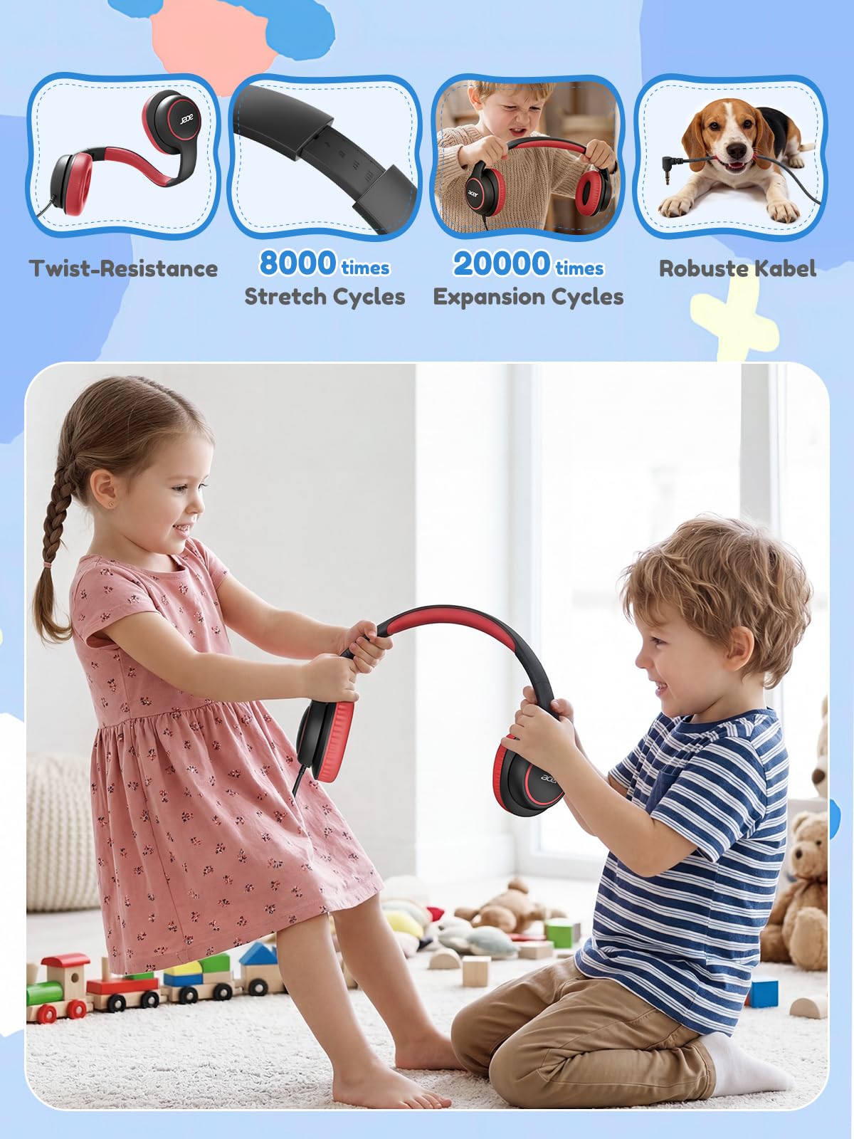 Acer Kids Headphones Wired for School - Over Ear Design, 85/94dB Safe Volume Limit, 3.5mm Jack Foldable Headphones for Toddler Boys Girls Classroom