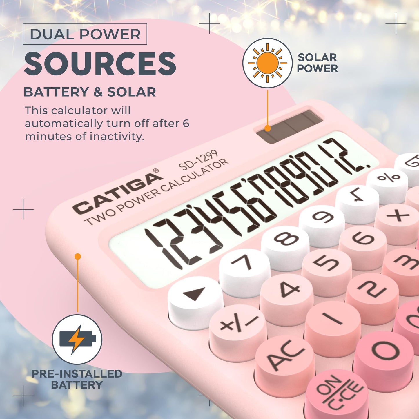 CATIGA Mechanical Switch Calculator with Solar and Battery Dual Power, 12-Digit Large LCD Display, Aesthetic and Cute Desktop Calculator with Big