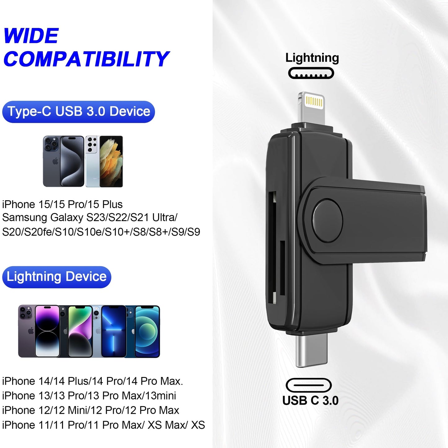 USB C Lightning SD Card Reader for iPhone 15 iPad Mac - 2 in 1 Micro SD/SD Card Adapter(Read Two Cards simultaneously), Portable Digital Camera