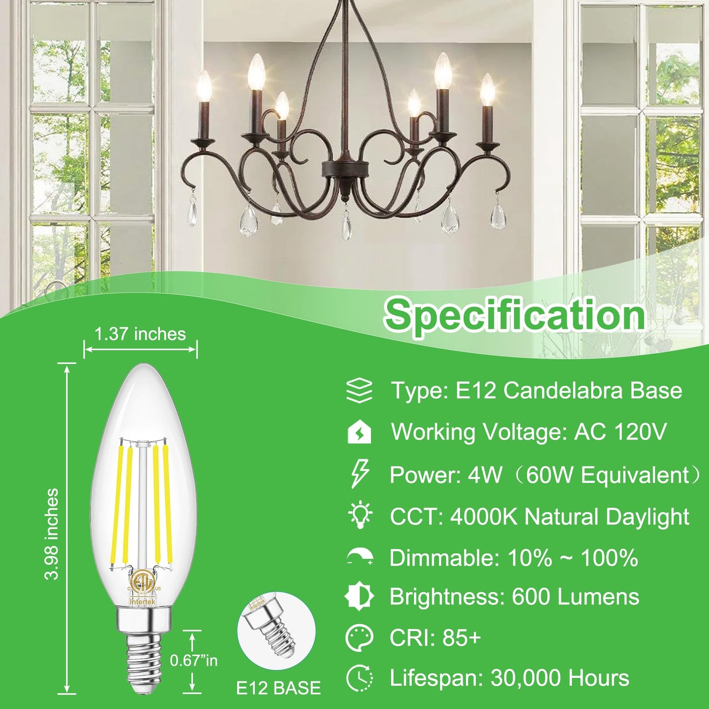 winshine E12 Candelabra LED Light Bulbs 60W Equivalent 4000K Natural White
