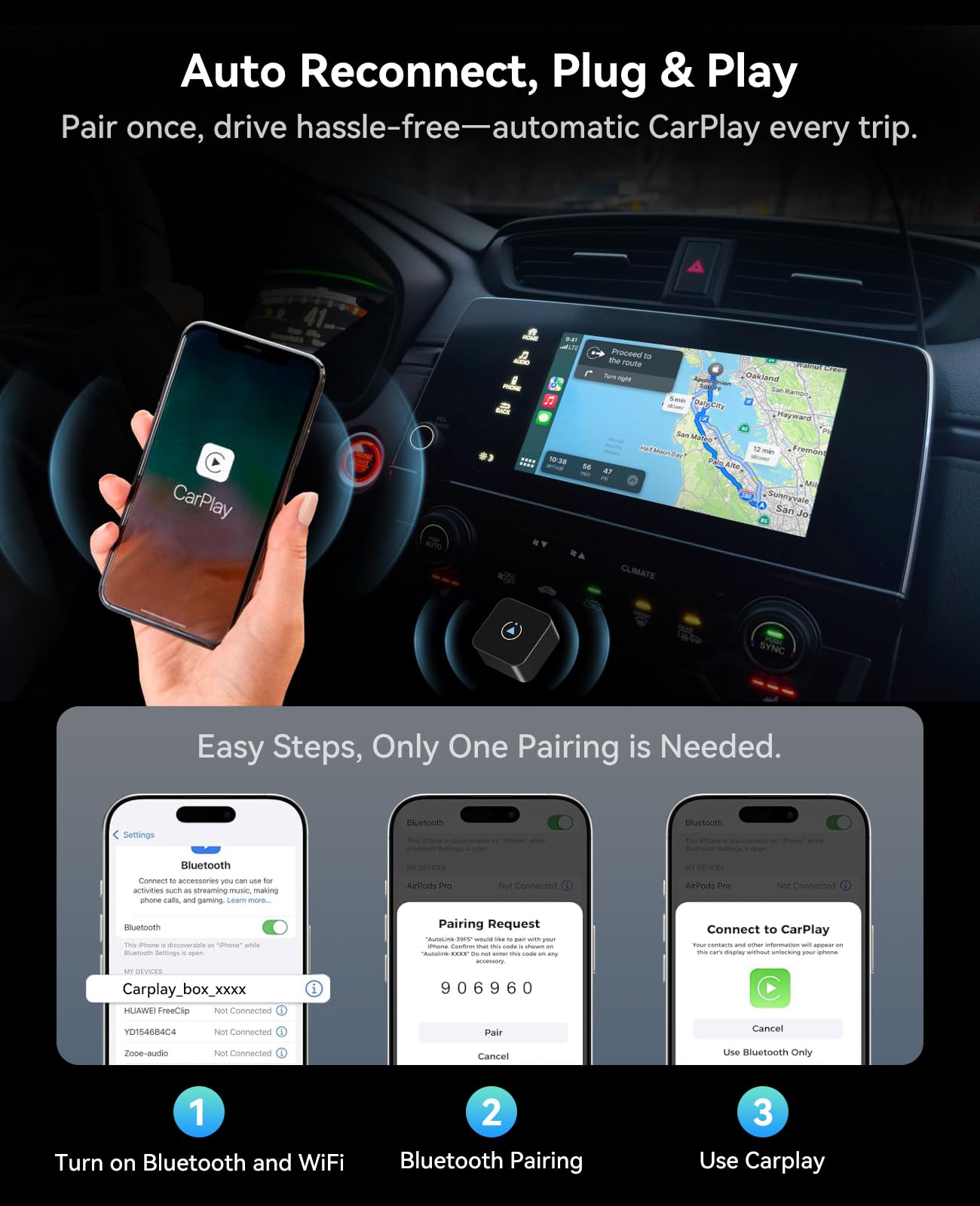 2026 Upgraded Wireless CarPlay Dongle, Mini Plug & Play USB Device for Apple CarPlay & Android Auto, Wired to Wireless, Stable No-Latency Connection