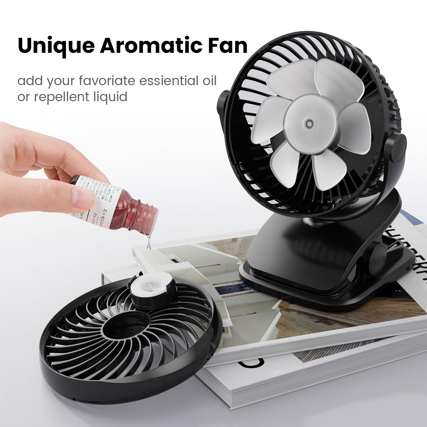 Shinebella AA Battery Powered Clip on Fan with 4-Speed, 5’’ Small Desk Fan with Aroma Function, USB Powered, 360°Rotation, Ultra Quiet, for Golf Cart
