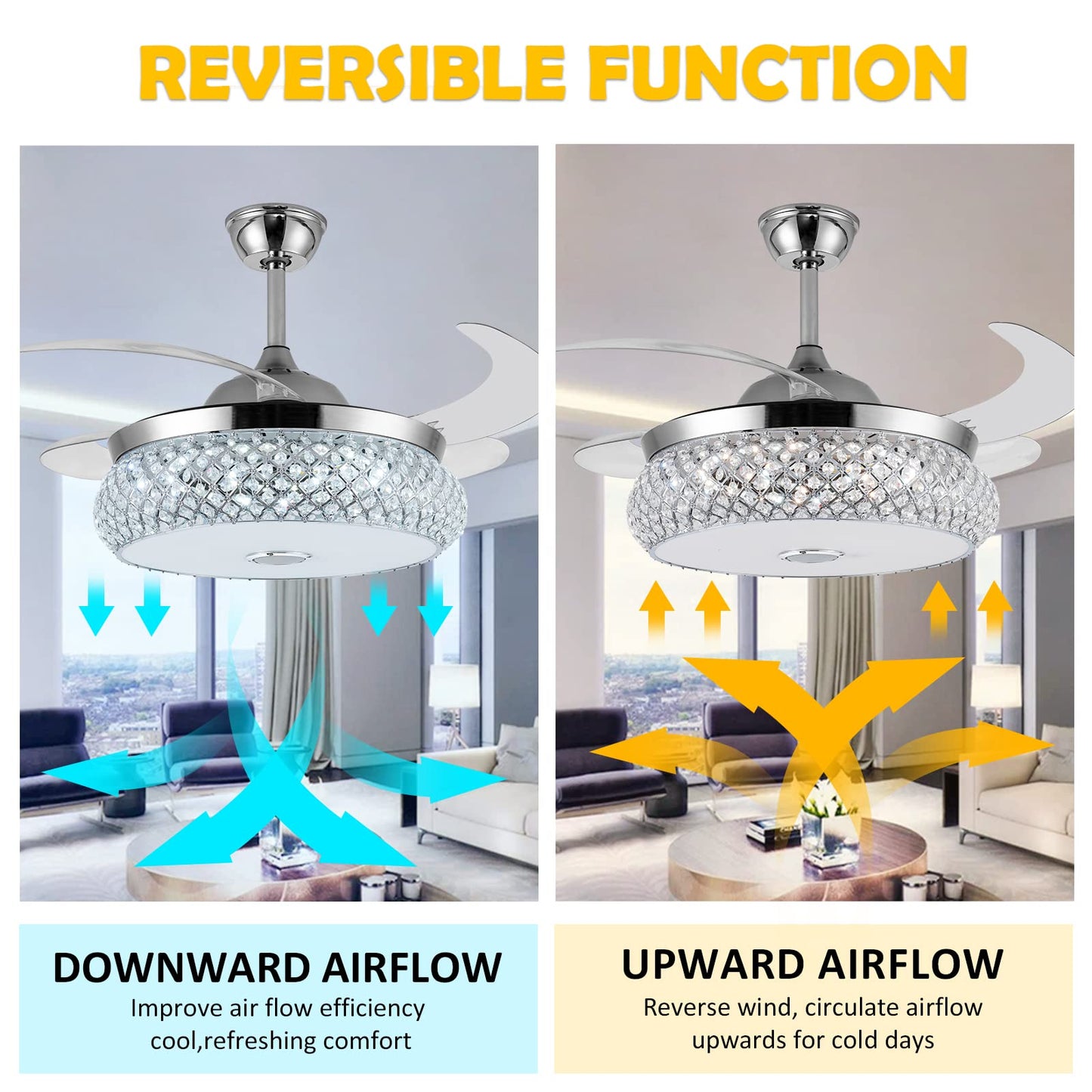 Panghuhu88 42" Invisible Ceiling Fan Chandelier with Light and Bluetooth Speaker,Modern 3 Color Change Crystal Ceiling Fan Light Remote Control 4