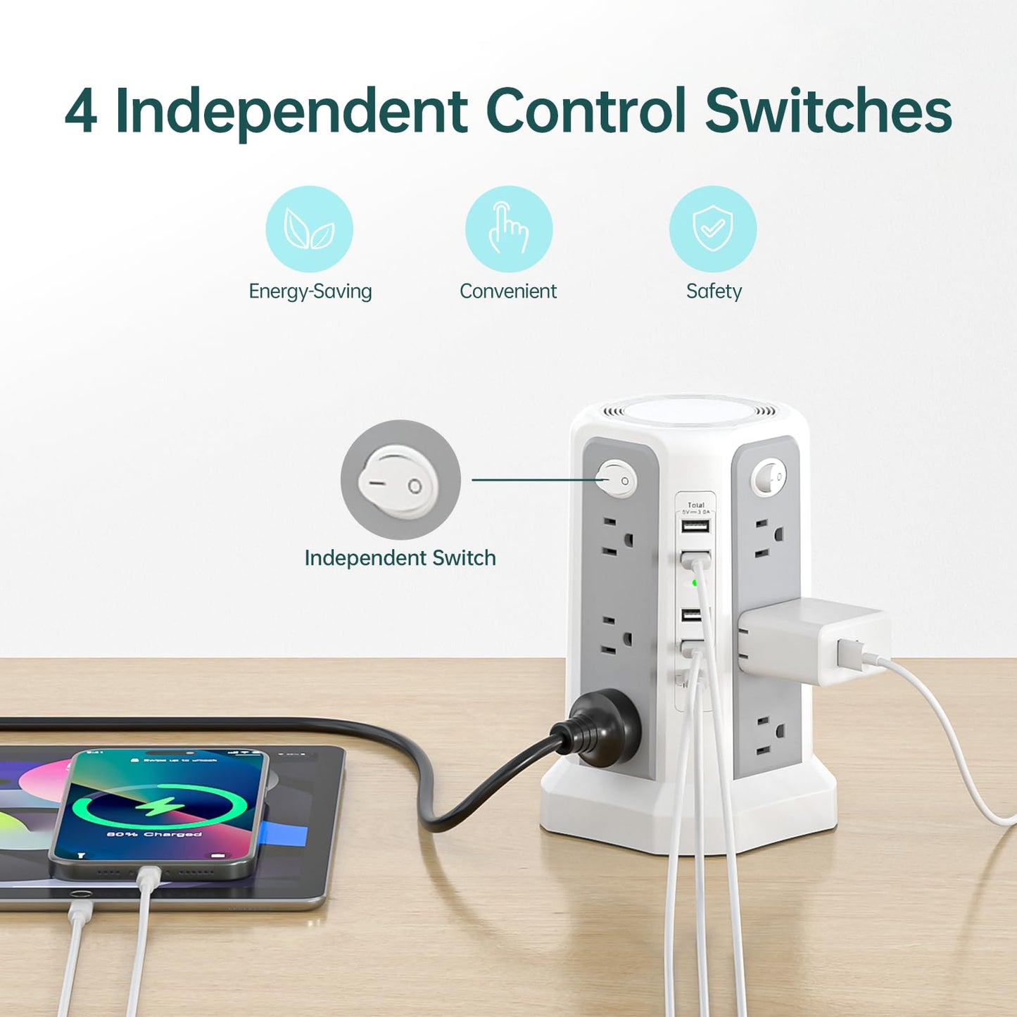 Surge Protector Power Strip Tower with PD18W USB C Port,10FT Extension Cord with 12 AC Mutiple Outlets 5 USB Charging Ports, PASSUS Power Tower Surge