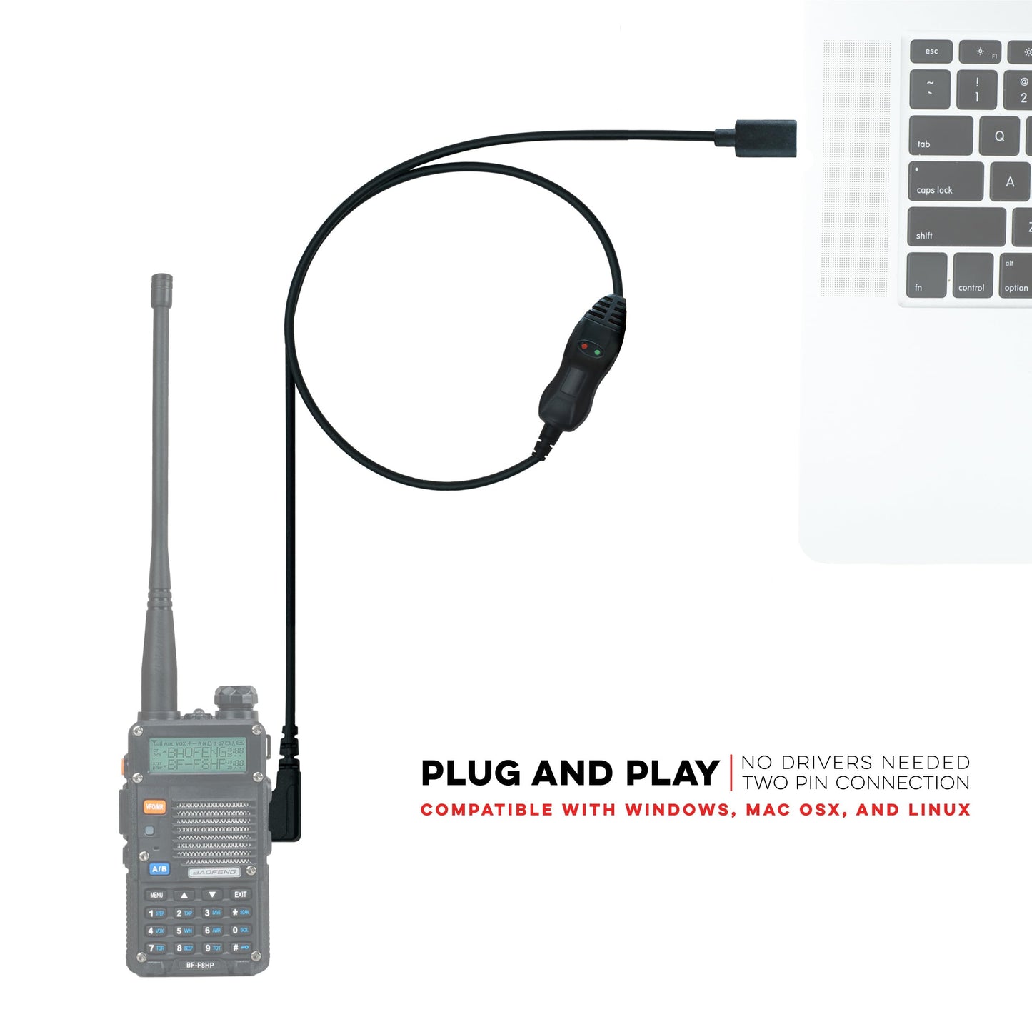 BTECH PC03 USB-C Programming Cable - FTDI Chipset for Baofeng & Kenwood K1 2 Pin Two-Way Radios | Compatible with Windows, Mac, and Linux | Easy