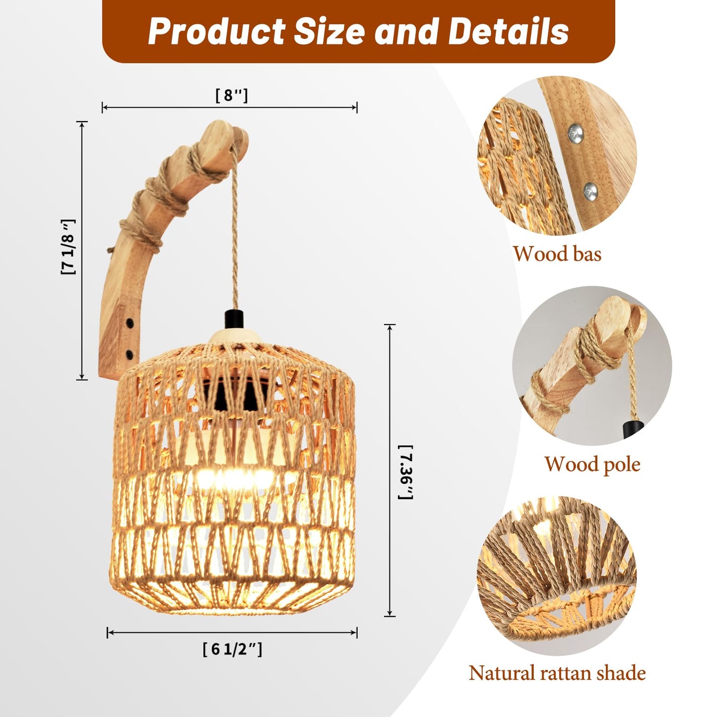 NOVCAND Boho Battery Operated Wall Sconce Set of Two, Rattan Cordless Wall Lamp with Remote,Wireless Sconces Set of 2 for Bedroom,Living Room,Entryway
