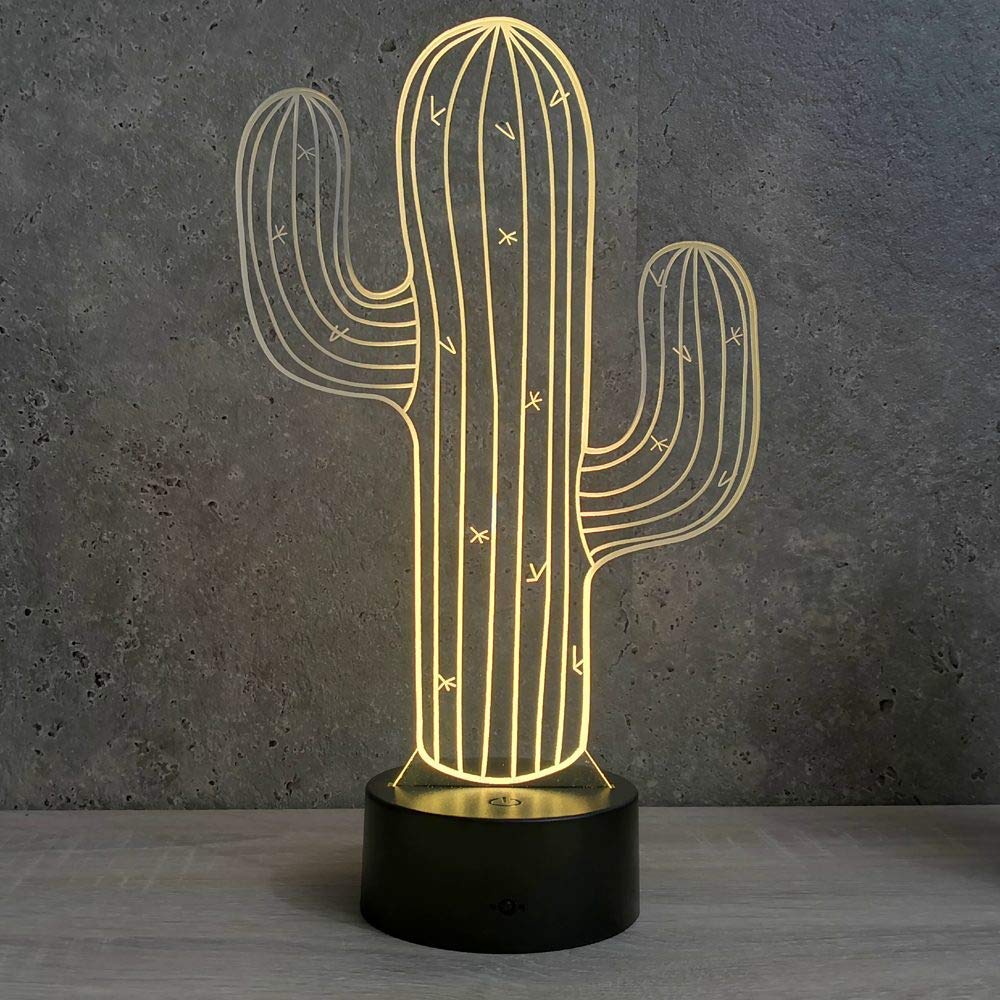 Jinnwell 3D Cactus Flower Night Light Lamp Illusion Led 7 Color Changing Touch Switch Table Desk Decoration Lamps Gift with Acrylic Flat ABS Base USB