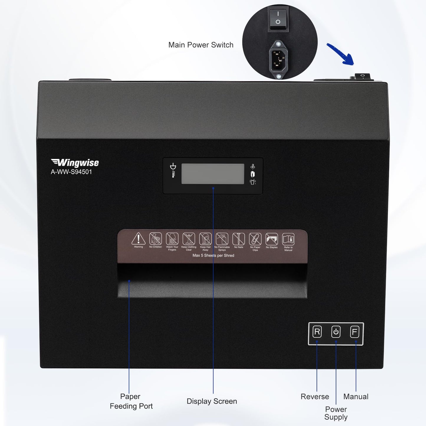 Wingwise P-7 High Security Professional Commercial Paper Shredder Heavy Duty(1 * 1.2mm), 5-Sheet Super Micro Cut, 11.9 Gallons Bin, 3.5m/min