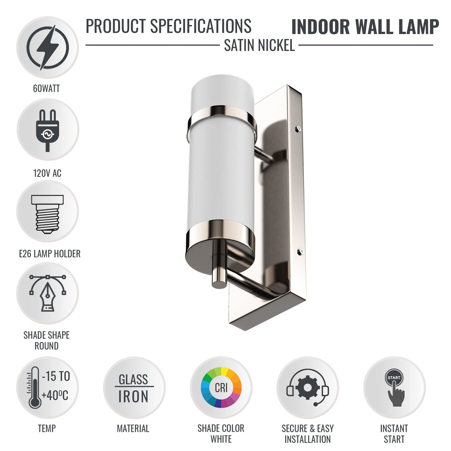 LEDMyplace LED Wall Sconce, Smart Wall Light Fixture Indoor, E26 Base, Brass Sconces, Glass Shade, Satin Nickel Finish, Modern Decorative Candle