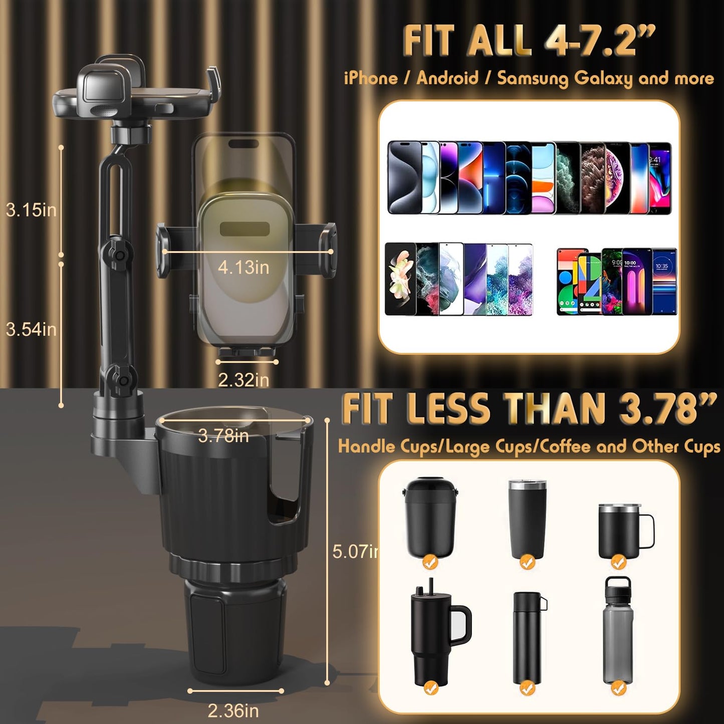 bokilino Phone Holders for Your Car, 2 in 1 Universal Cup Holder Expander Adjustable Base with Phone Mount, Long Arm with 360°Rotation Cup Holder