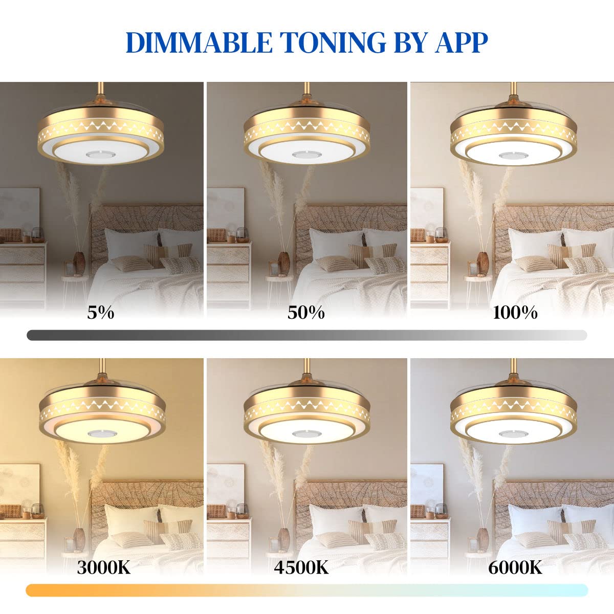 Retractable Blades Ceiling Fan with Lights and Bluetooth Speaker Dimmable Invisible Chandelier with Remote 7 Color Light Fandelier Ceiling Fan Light 6