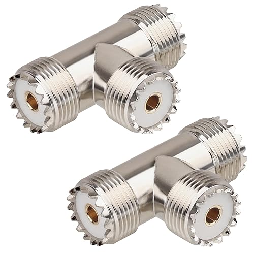 2-Pack UHF Female to UHF Female RF Coaxial Adapter, T-Shape 3-Way Splitter Connector for CB Radios, Antennas, and Signal Distribution Applications