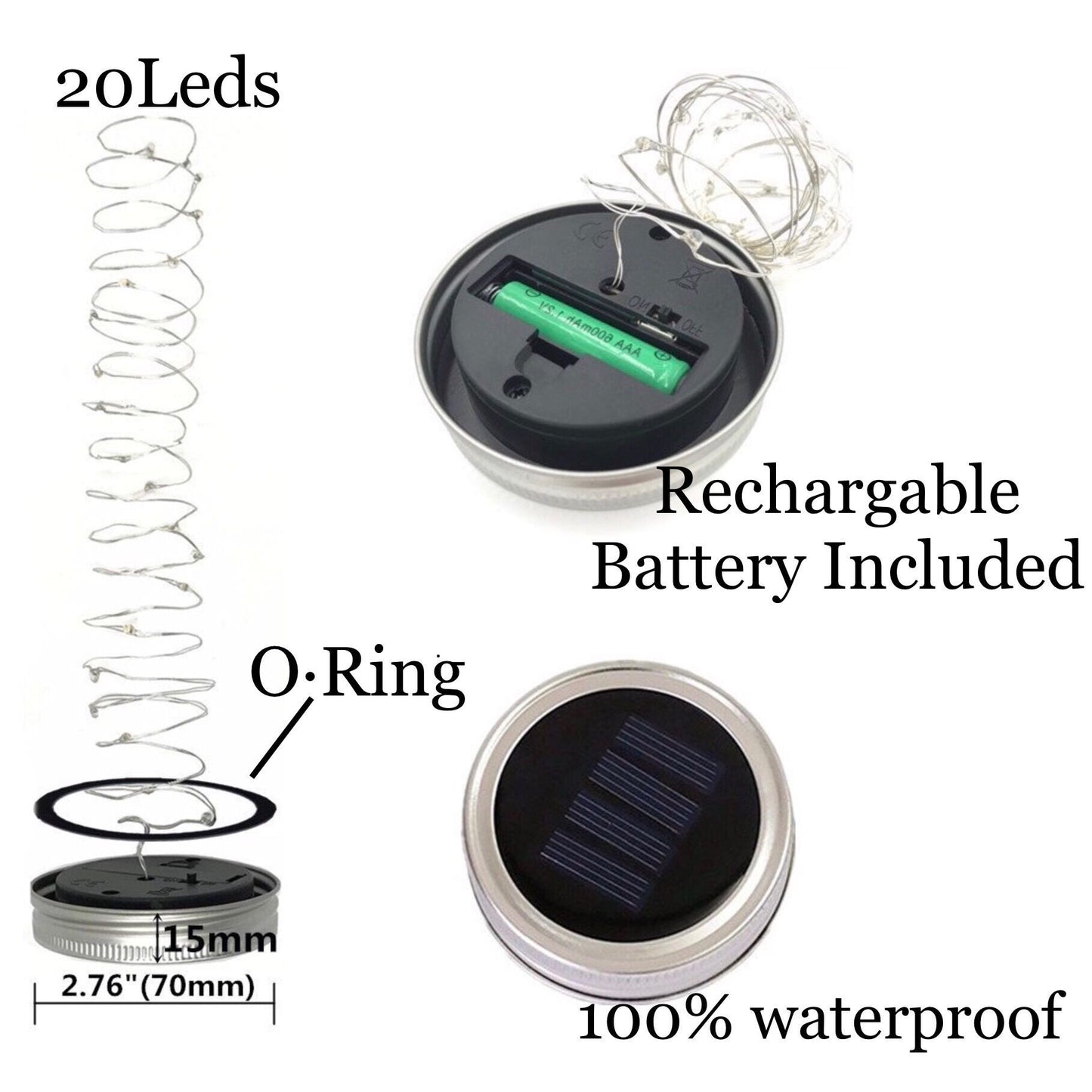 Solar Mason Jar Lid String Lights, 8 Pack 20 Led String Fairy Star Firefly Jar Lids Lights with 8 Hangers Included (Jars Not Included), for Mason Jar
