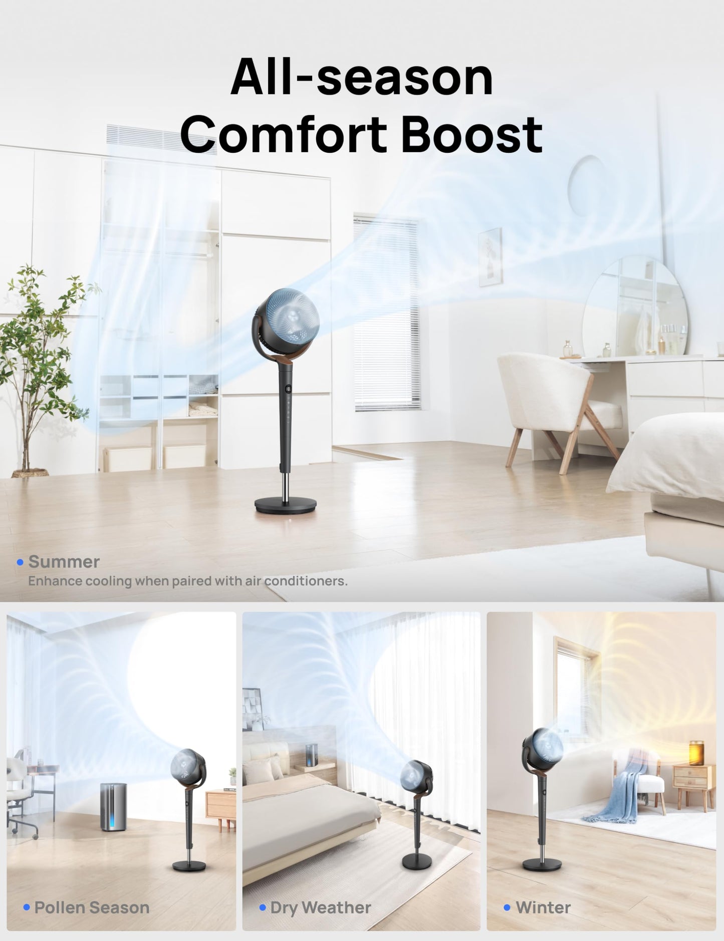 DREO Fan for Bedroom, 120° Oscillating Standing Fans, Quiet Floor Fan with DC Motor, 100ft Pedestal Fans for Room, 9 Speeds, 4 modes, 120° Manual