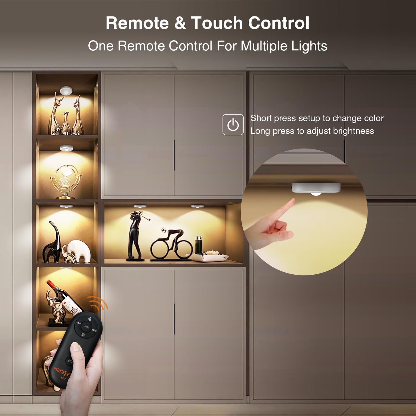 MEKKLEON Puck Lights with Remote Control, Rechargeable, Wireless Under Cabinet Lights, 5Pcs (Silver)