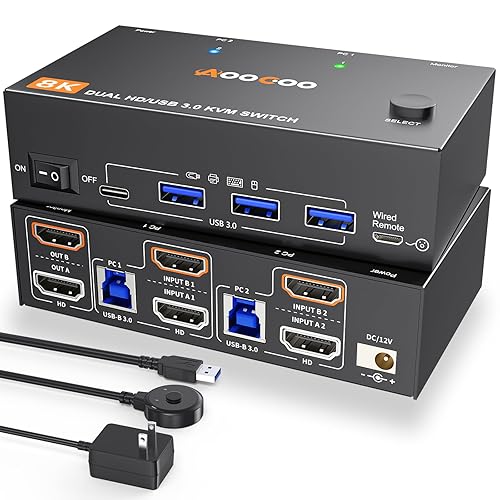 KVM Switch 2 Monitors 2 Computers 8K@60Hz/4K120Hz,HDMI USB3.0 Dual Monitors KVM Switches with 4 USB 3.0 Port,Wired Remote,USB3.0 Cables Included(8K 2